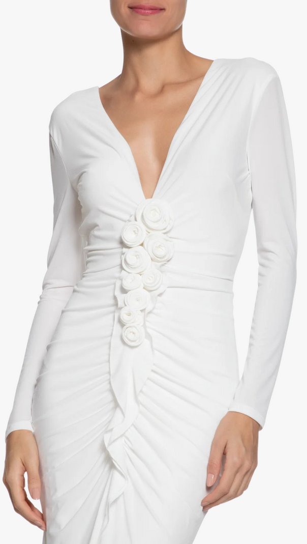 AIIZIE ELSA V NECK FLOWER RUCHED MAXI DRESS IN WHITE - product image