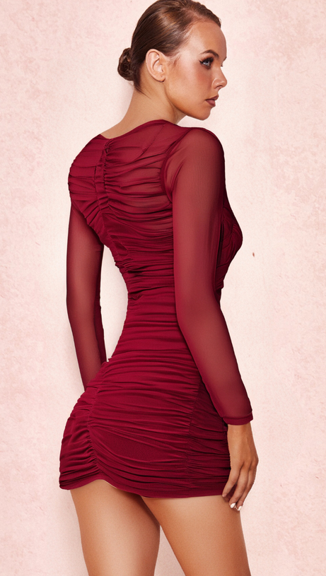 LONG SLEEVE RUCHED MESH DRESS IN WINE