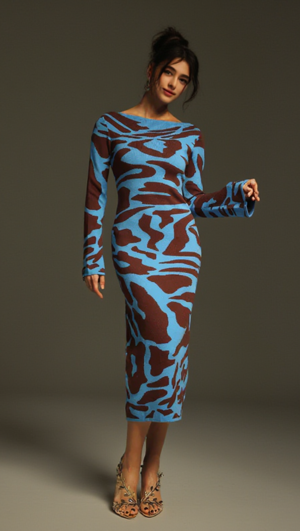 AIIZIE TAYSIA LONG SLEEVE LEOPARD KNITTED MIDI DRESS - product image