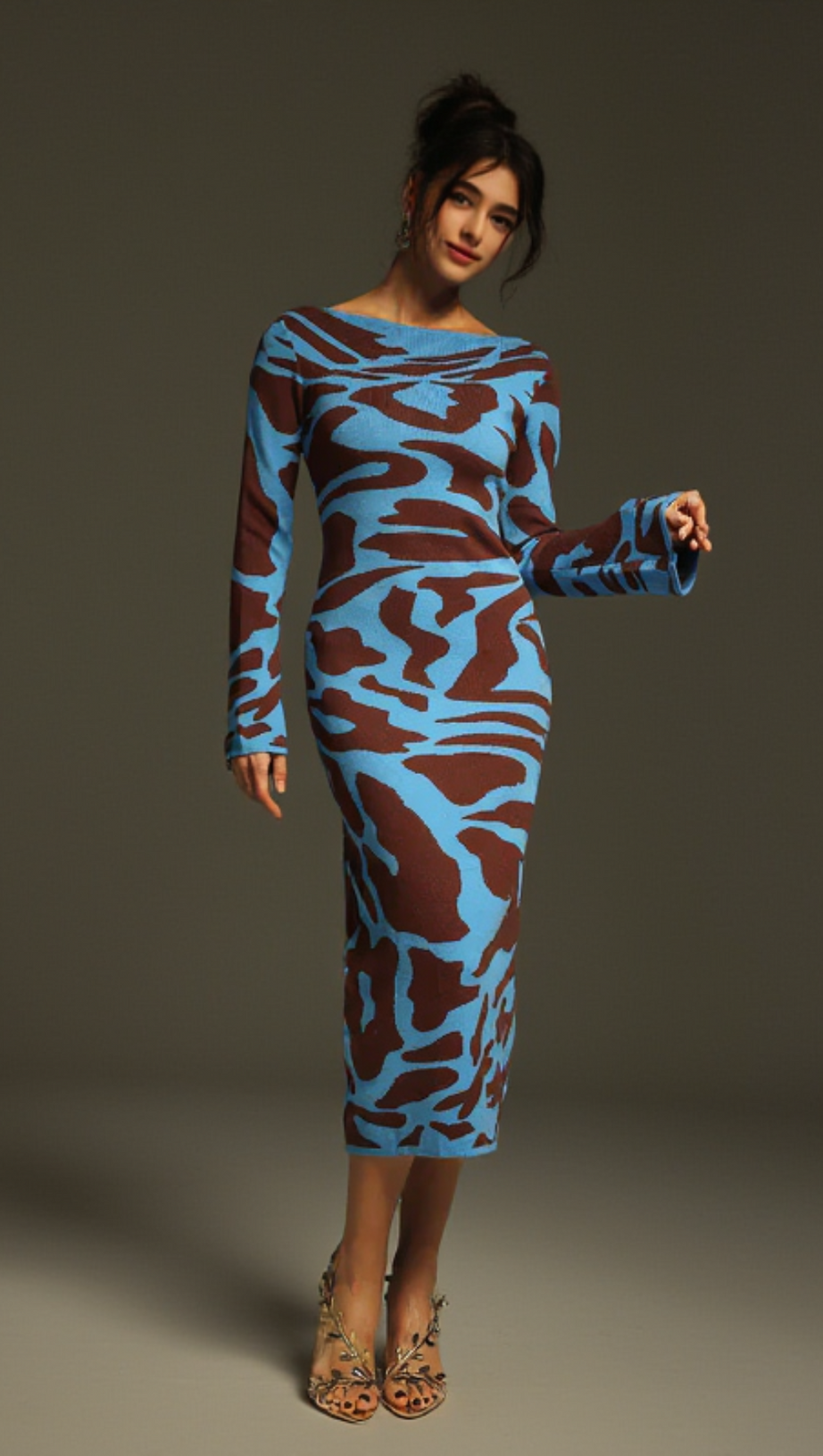 TAYSIA LONG SLEEVE LEOPARD KNITTED MIDI DRESS