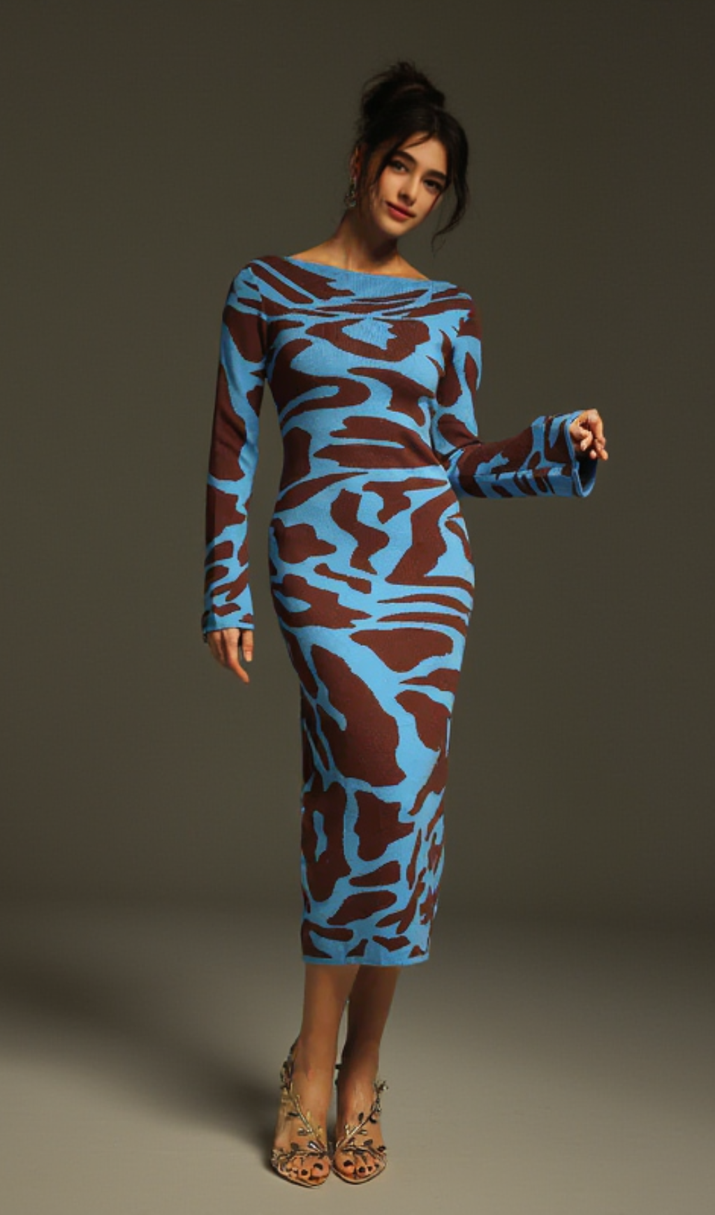 TAYSIA LONG SLEEVE LEOPARD KNITTED MIDI DRESS