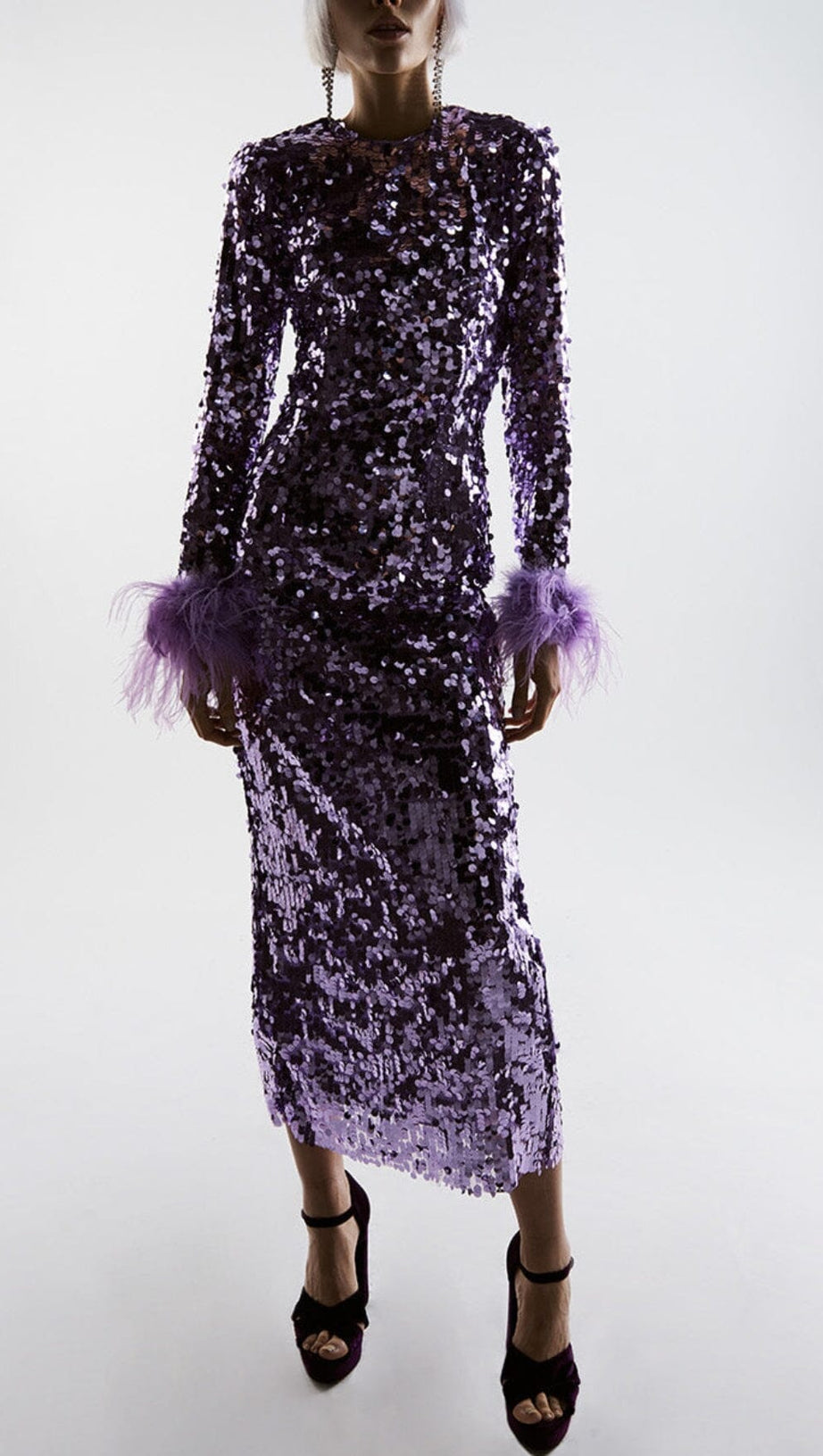 SEQUIN FEATHER LONG SLEEVES MIDI DRESS