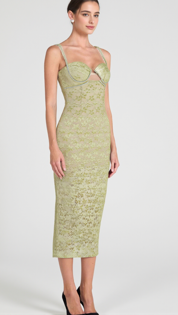 AIIZIE LACE FLORAL CRYSTAL CHAIN BUSTIER MIDI DRESS - product image