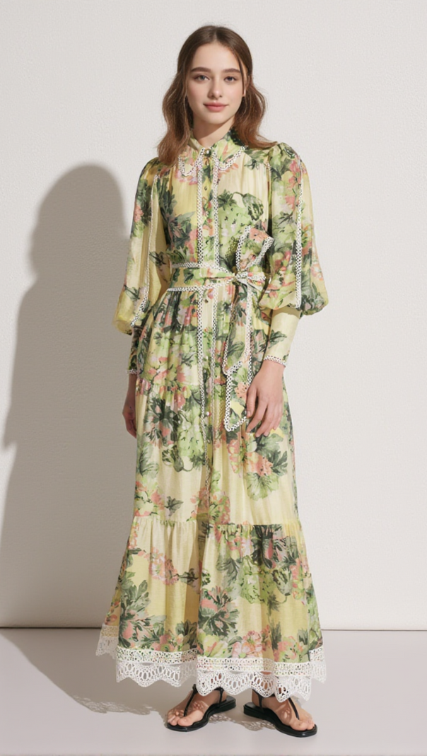 AIIZIE MULTICOLOR FLORAL PRINT LACE TRIM MAXI DRESS - product image
