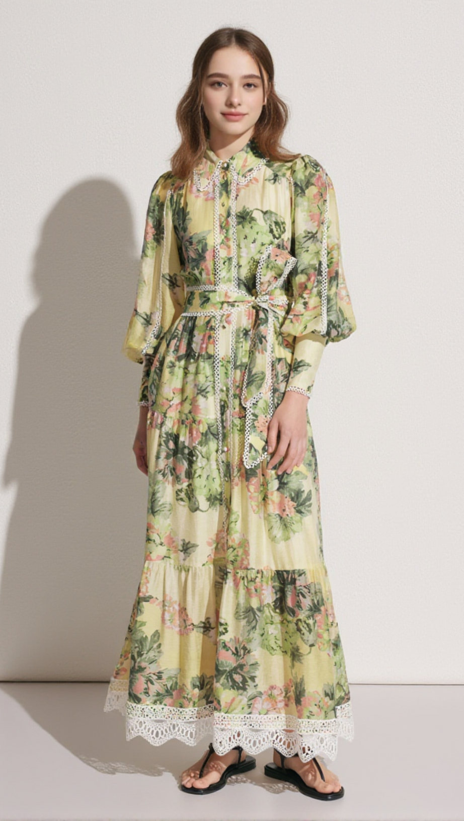 MULTICOLOR FLORAL PRINT LACE TRIM MAXI DRESS