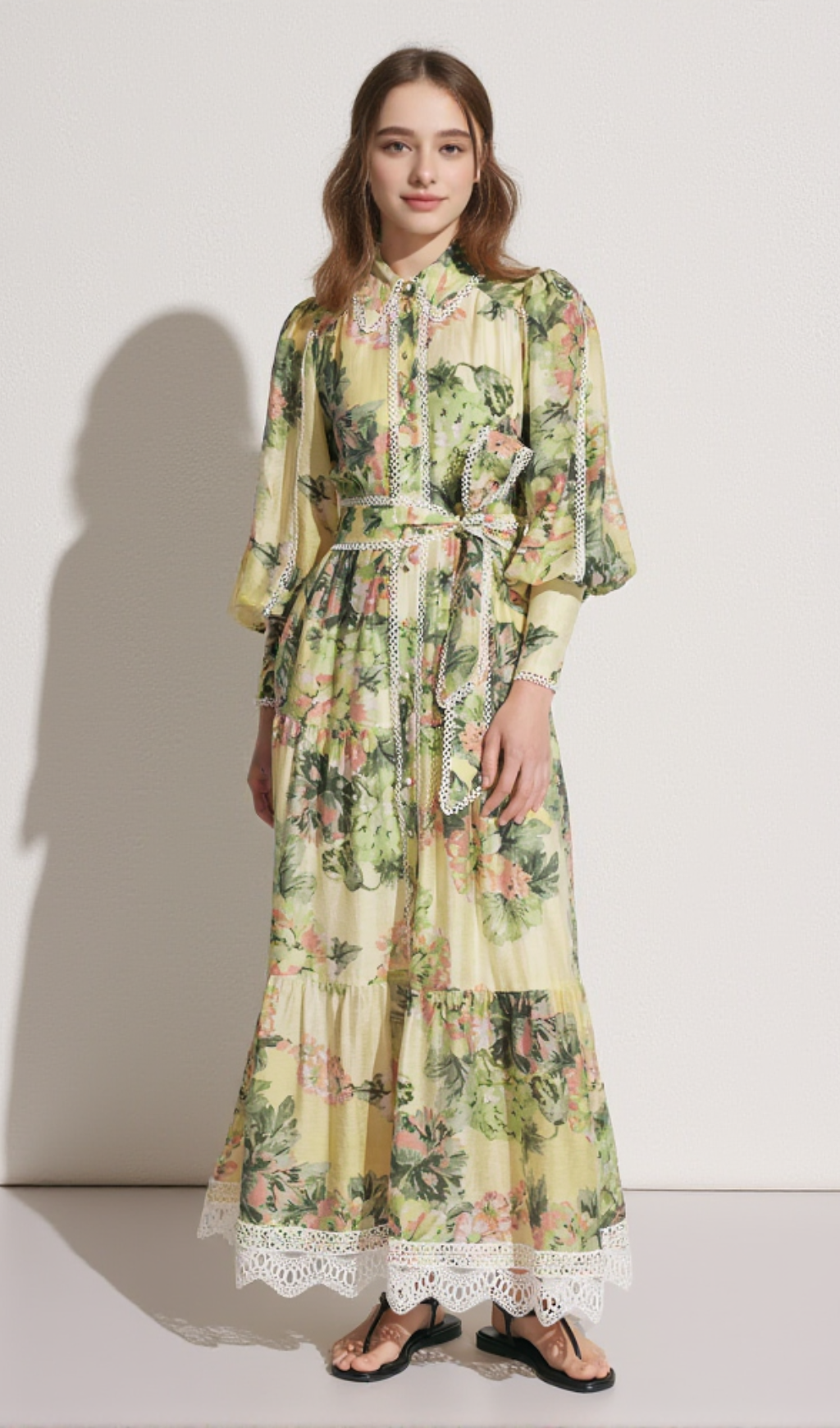 MULTICOLOR FLORAL PRINT LACE TRIM MAXI DRESS