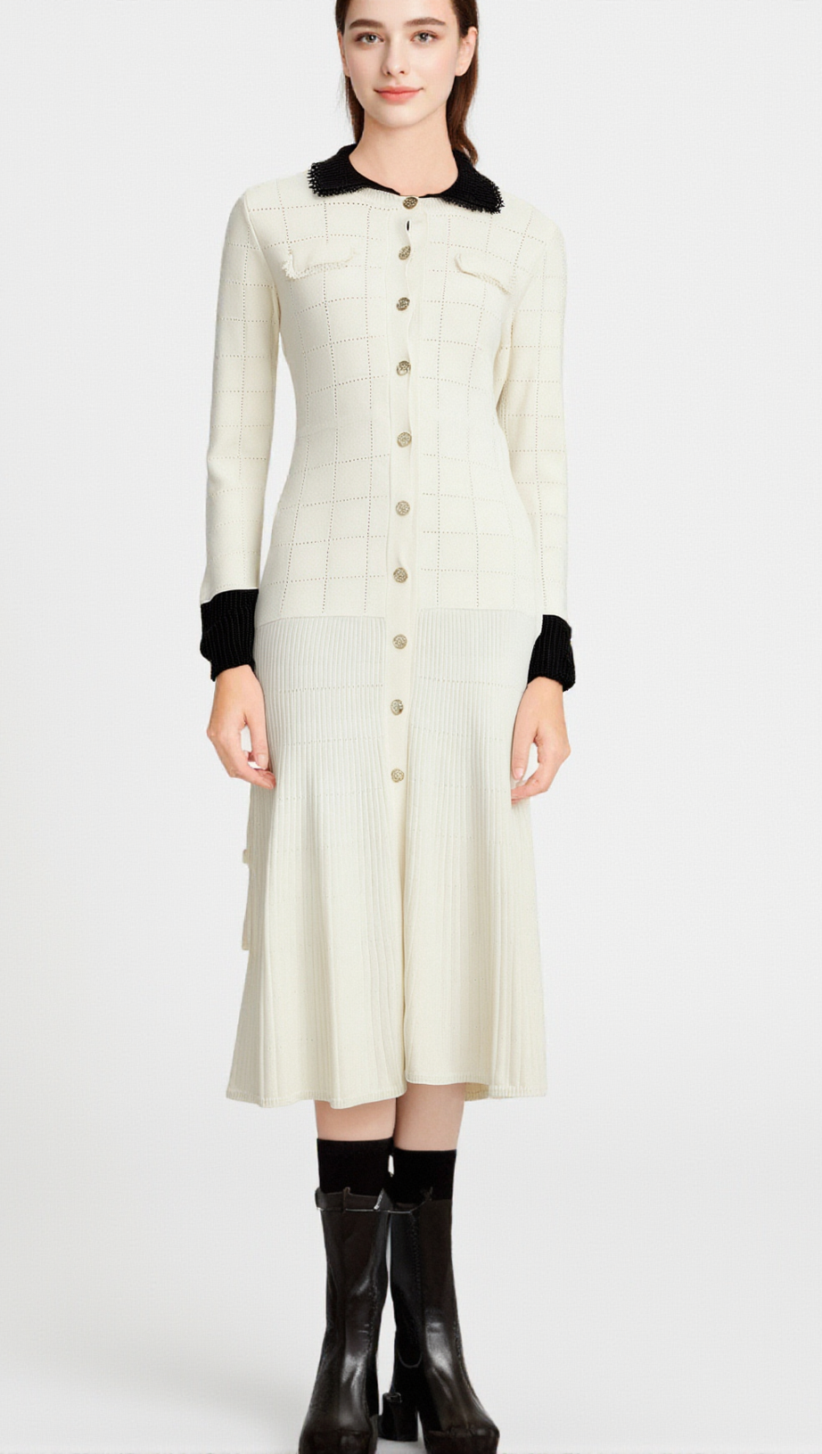 CÉCILIE CONTRAST-TRIM KNITTED SHIRT DRESS