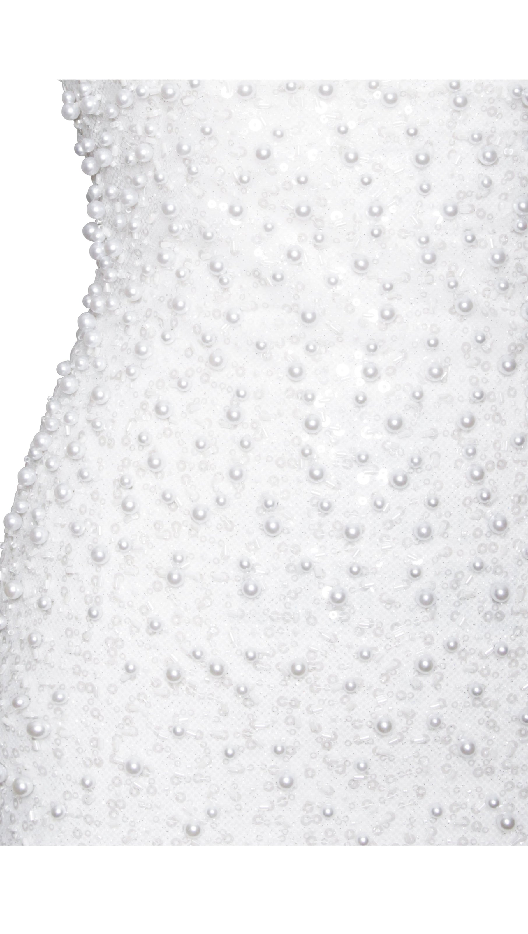 LAINEY WHITE SATIN SEQUIN PEARLS BEADED MAXI DRESS