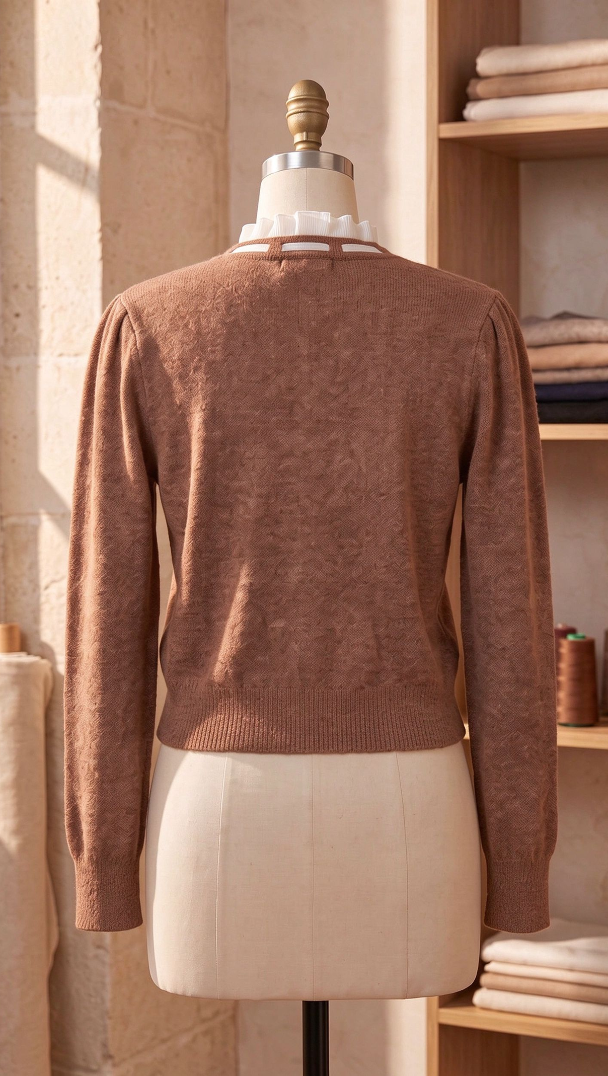 caramel brown textured wool-blend knit fitted, cropped cardigan