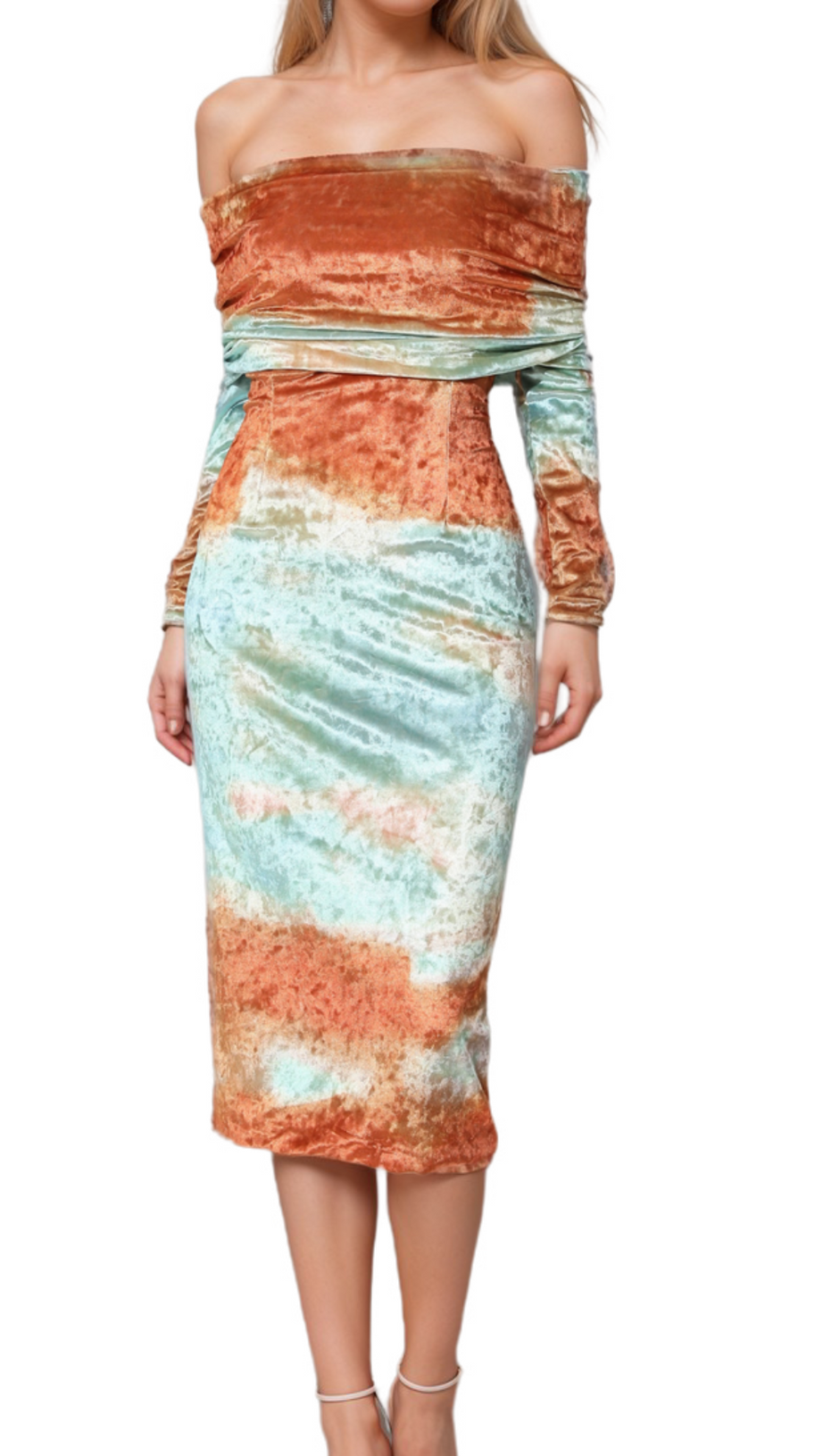 ADELAIDE RUCHED VELVET STRAPLESS MIDI DRESS IN GREEN BROWN