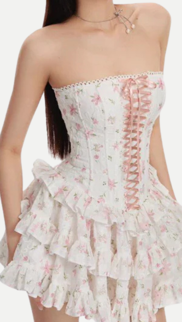 AIIZIE FLORAL PRINT CHEST-WRAPPED MINI DRESS IN WHITE - product image