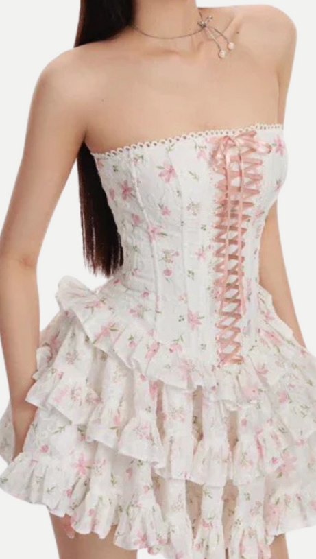 FLORAL PRINT CHEST-WRAPPED MINI DRESS IN WHITE