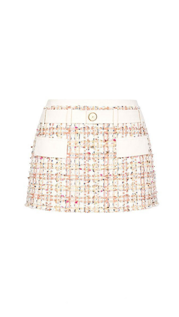AIIZIE CARLIN PATCHWORK TWEED MINI SKIRT IN PINK - product image