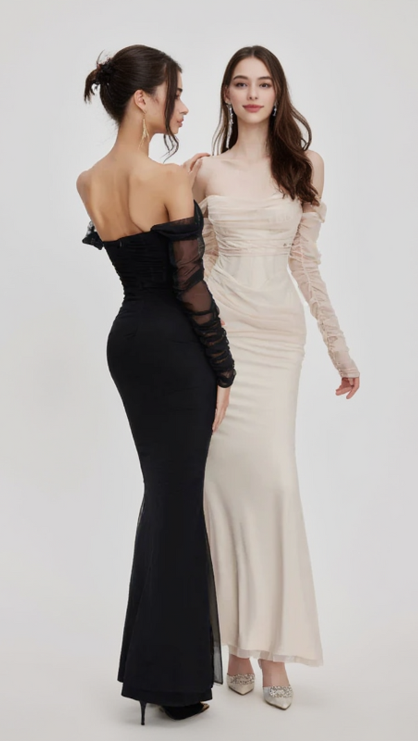 AIIZIE ARIEL APRICOT MESH OFF-SHOULDER MERMAID MAXI DRESS - product image