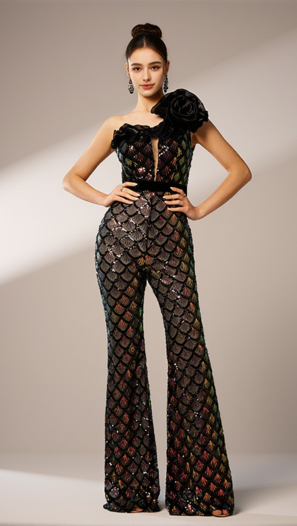AIIZIE MERMAID SCALE FLORAL ONE-SHOULDER SEQUIN JUMPSUIT - product image