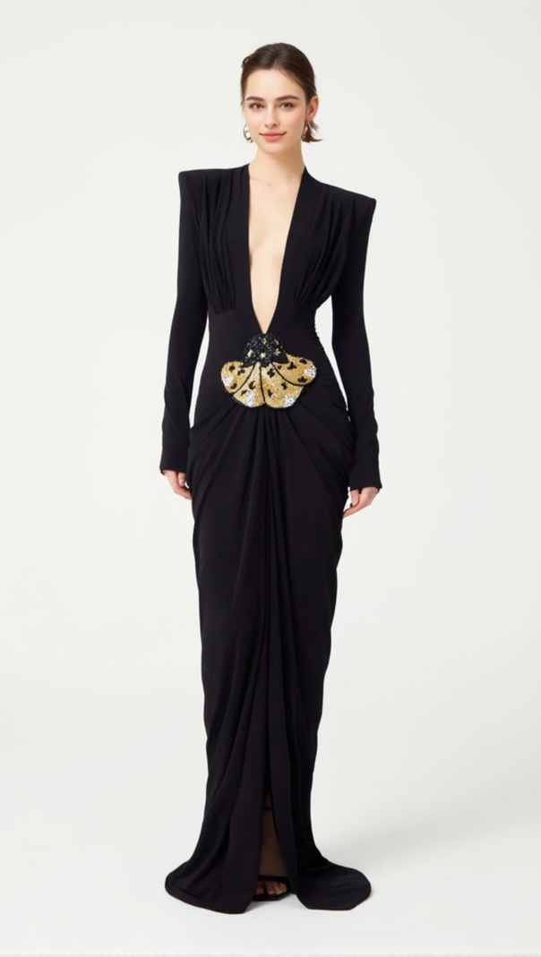 AIIZIE BLACK STRETCHY GOLD FLOWER EMBROIDERED V-NECK LONG SLEEVED MAXI DRESS - product image