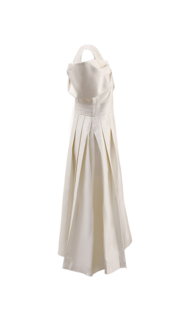 AIIZIE ALICE BEIGE WHITE PLEATED BOW OFF-SHOULDER MIDI DRESS - product image