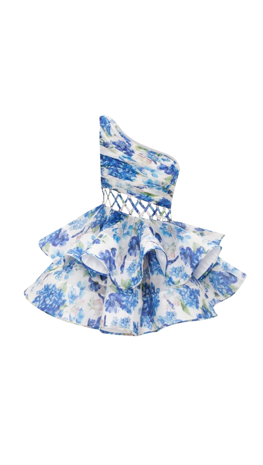 GAIL BLAUES MINI-CHIFFONKLEID MIT BLUMENDRUCK UND EINER SCHULTER