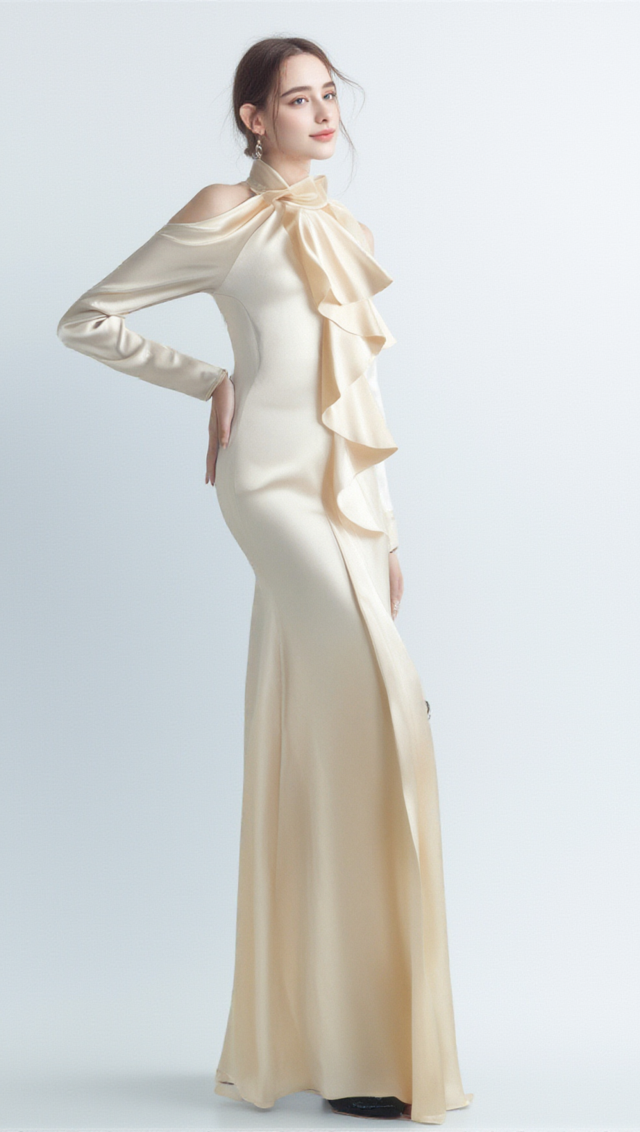 RAE CHAMPAGNE ONE-SHOULDER RUFFLE EMBELLISHED MAXI DRESS