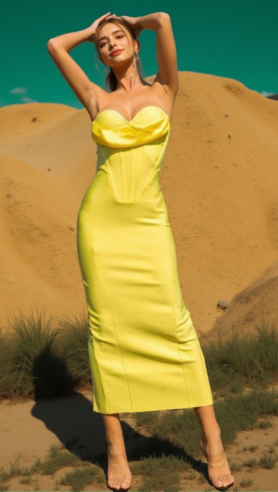 PATCHWORK STRAPLESS BANDAGE DRESS