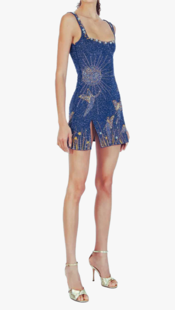 AIIZIE SYLVIA RHINESTONE EMBELLISHED SKY MINI DRESS IN BLUE - product image