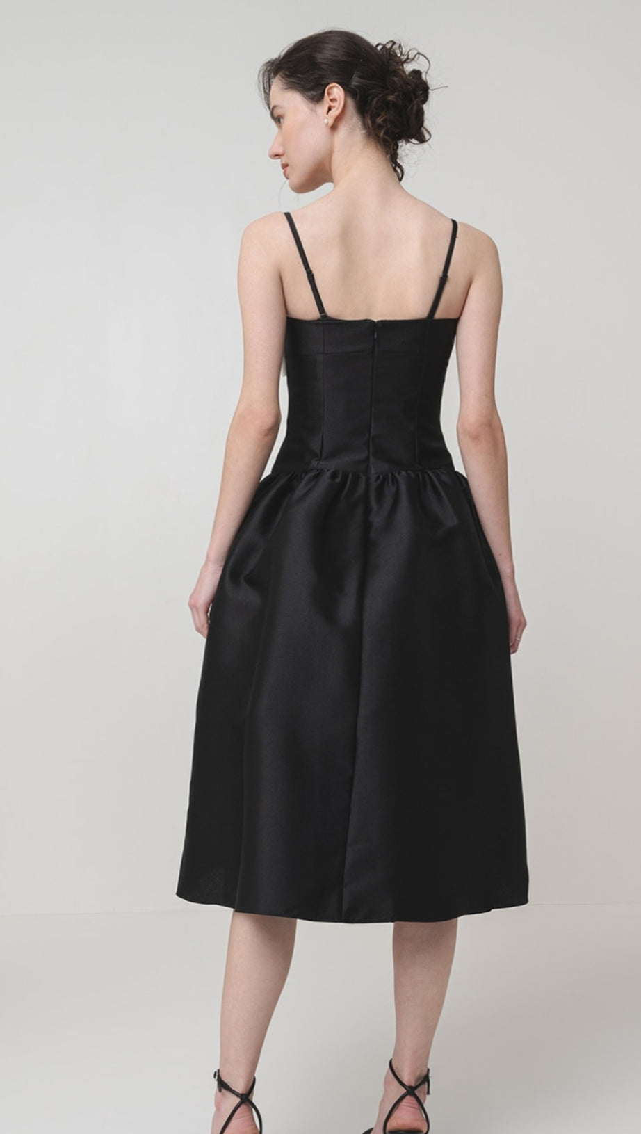 BOW-DETAIL TAFFETA MIDI DRESS IN BLACK