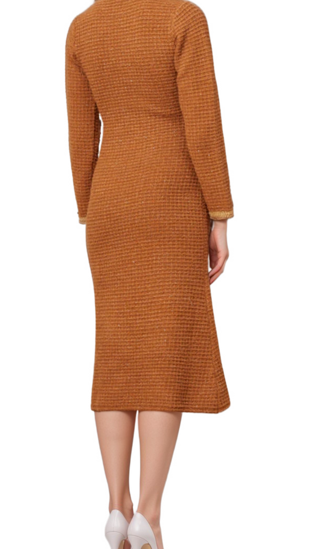 AIIZIE AMELIA BRAIDED-EDGE TWEED MIDI DRESS IN BROWN - product image