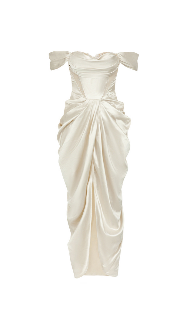 AIIZIE CAMILLE WHITE SATIN CORSET OFF SHOULDER GOWN - product image