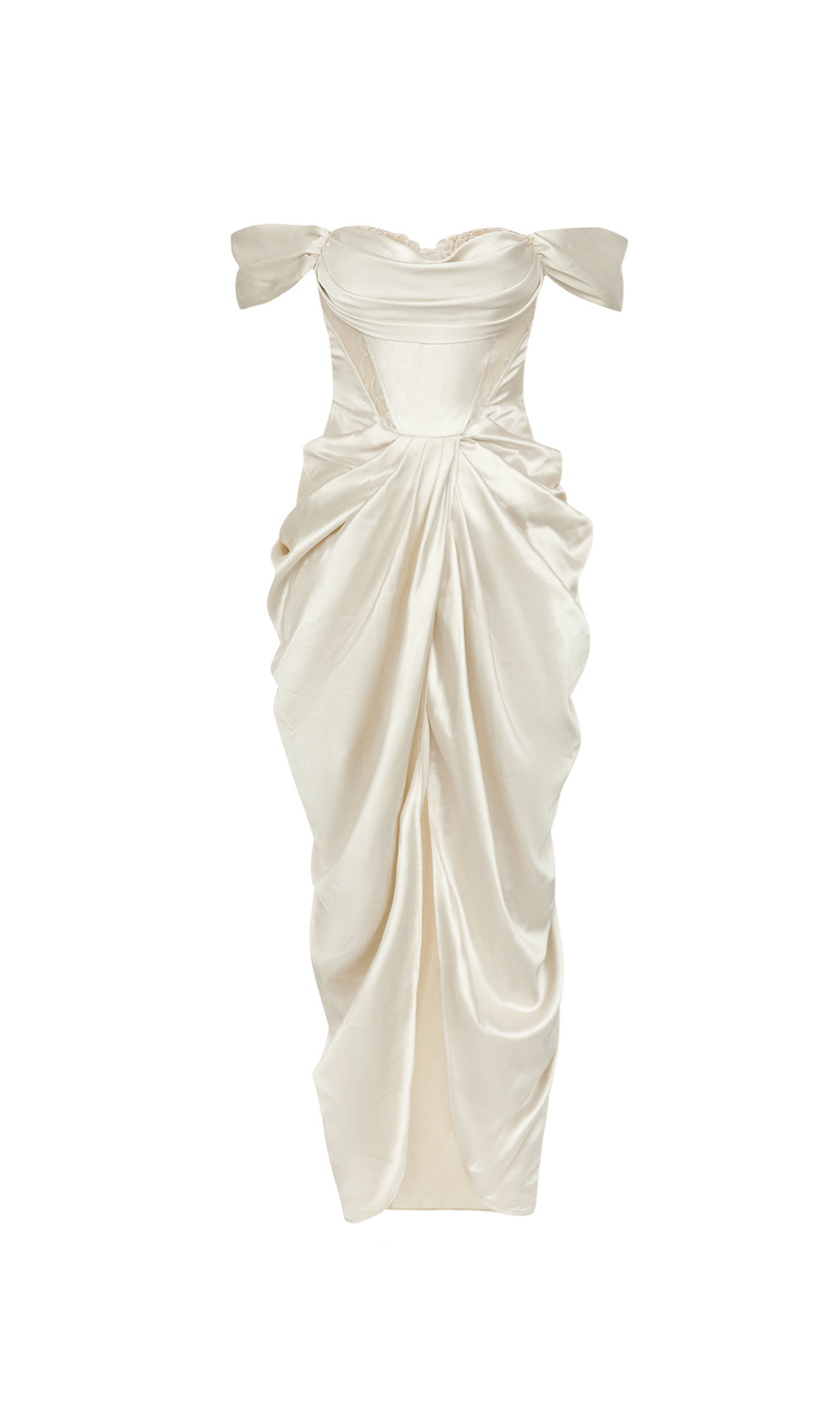 CAMILLE WHITE SATIN CORSET OFF SHOULDER GOWN