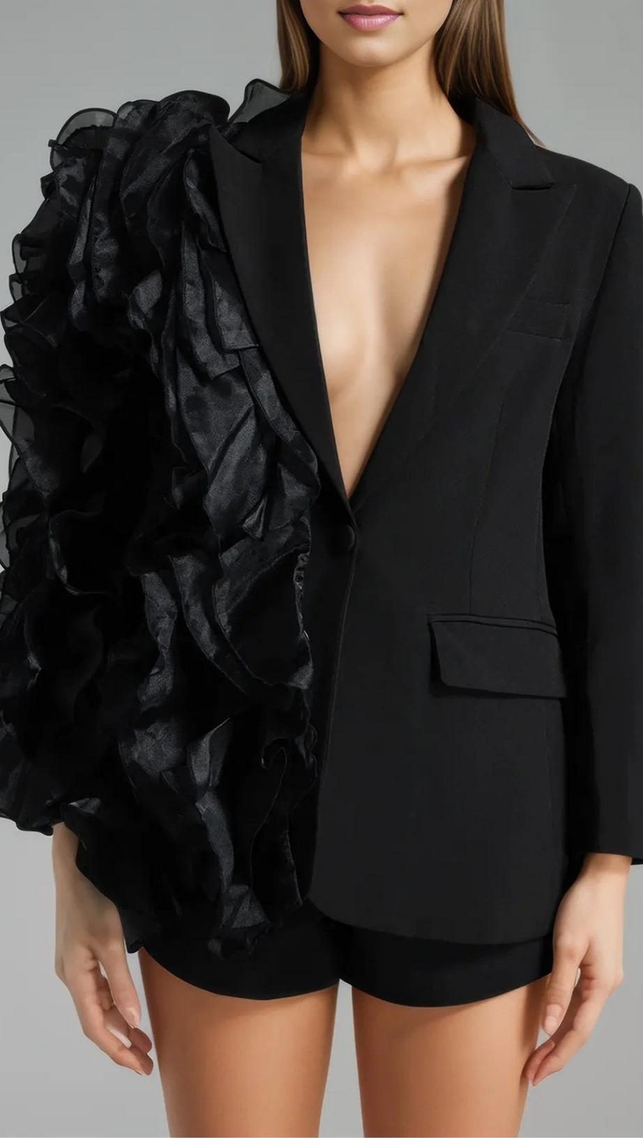 PATCHWORK RUFFLES CHIC BLAZER IN BLACK