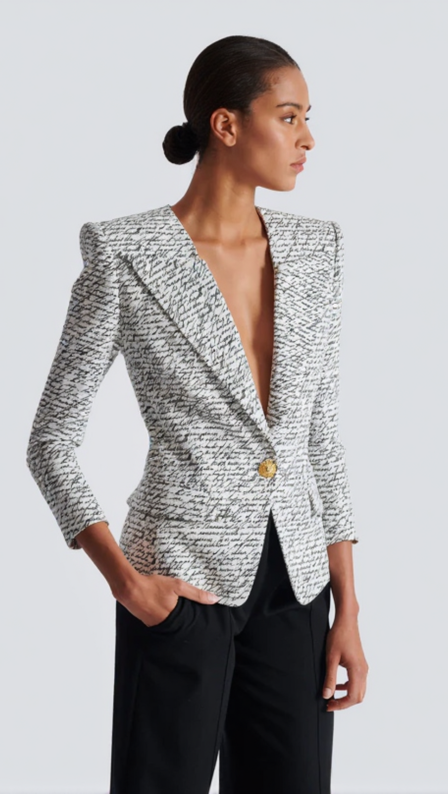ALPHABET PATTERN WHITE JACKET WITH SINGLE BUTTON