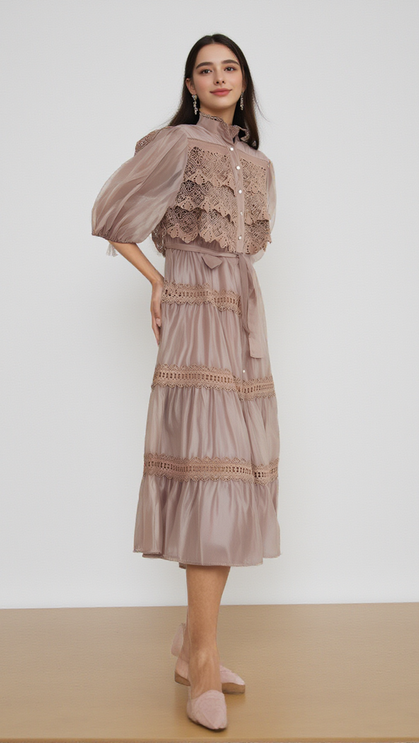AIIZIE INÈS LACE CUT-OUT TIERED MIDI DRESS - product image