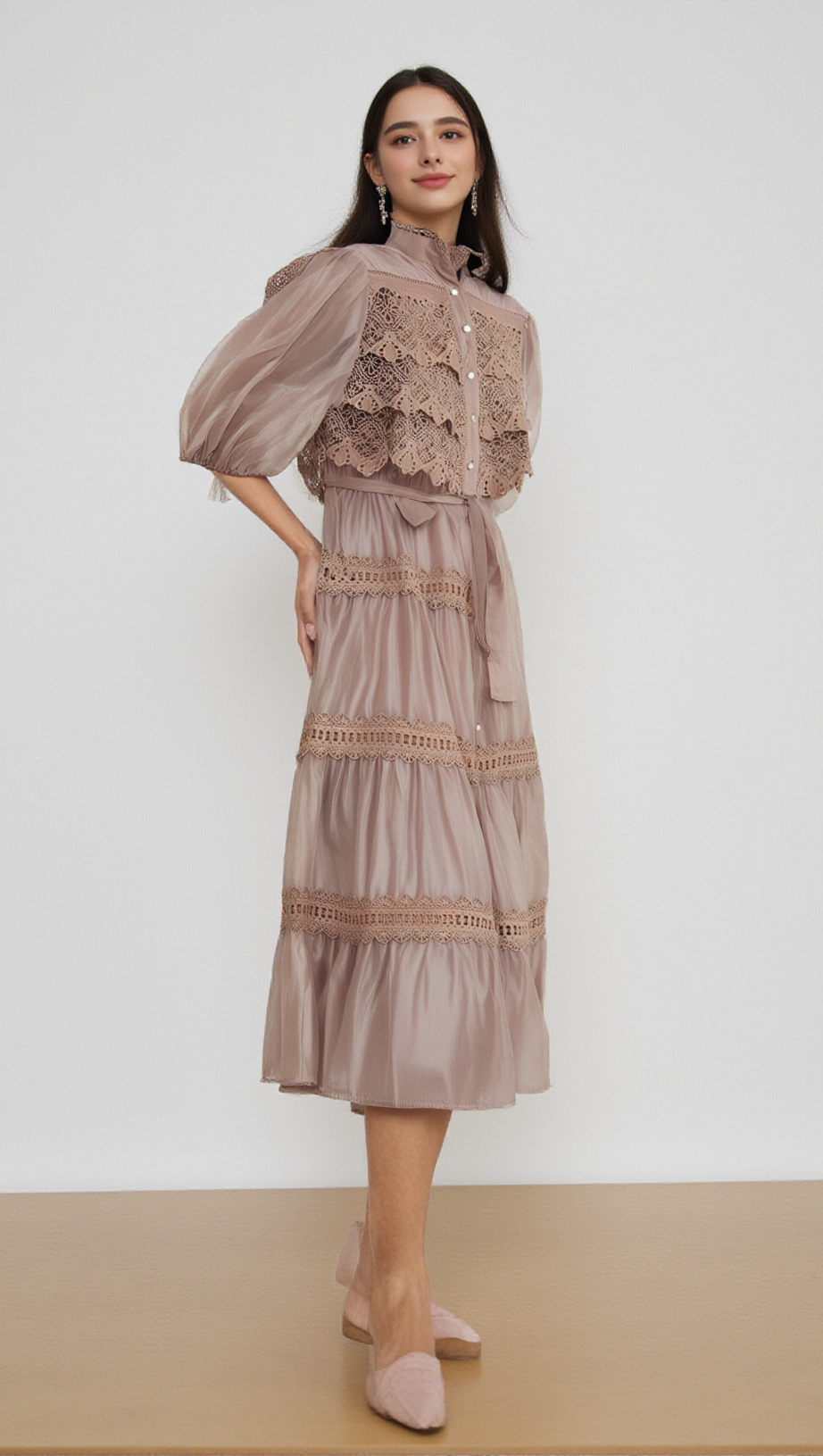 INÈS LACE CUT-OUT TIERED MIDI DRESS