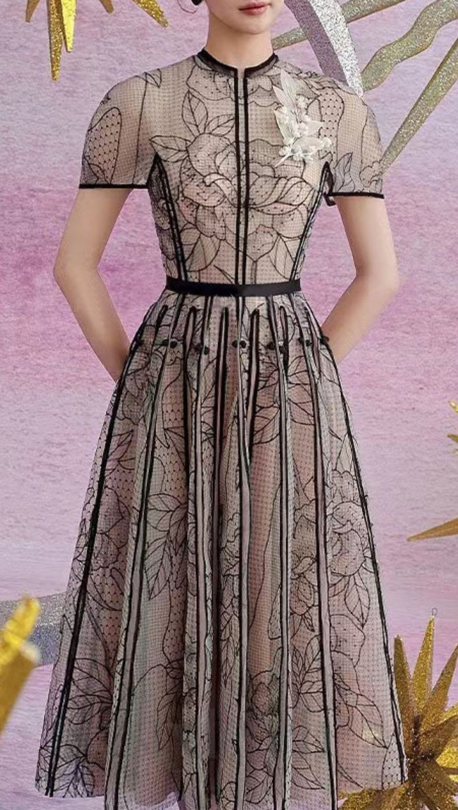 ARIYA EMBROIDERY LACE MIDI DRESS