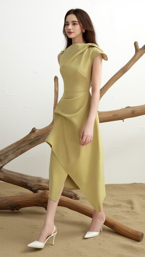 AIIZIE CALLA YELLOW ASYMMETRIC FRONT SLIT TWILL MIDI DRESS - product image
