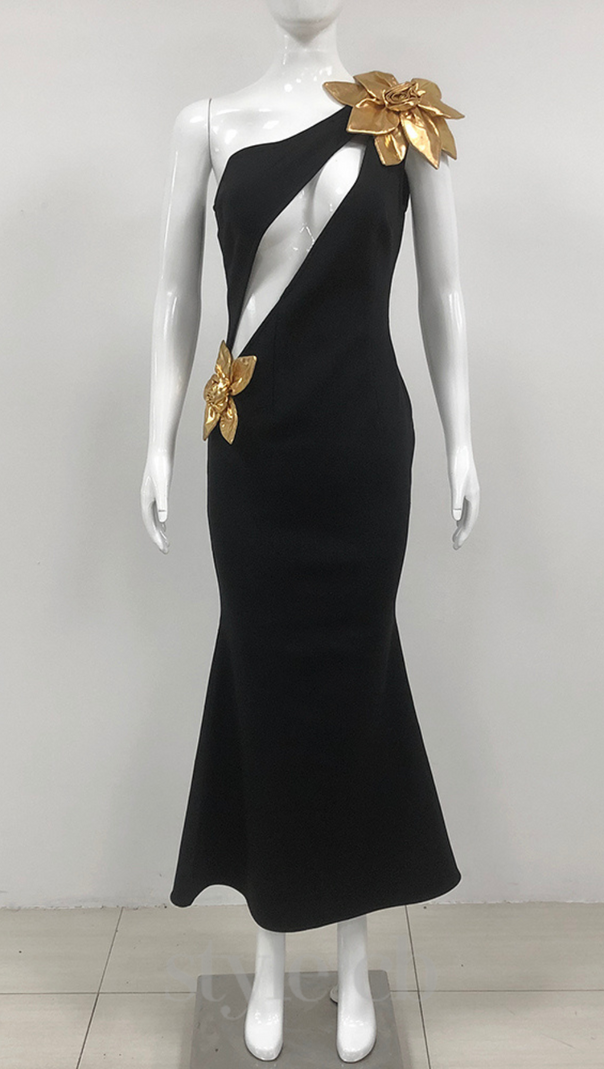 AIIZIE EUNICE GOLD 3D FLOWER CUT OUT BLACK MAXI DRESS - product image