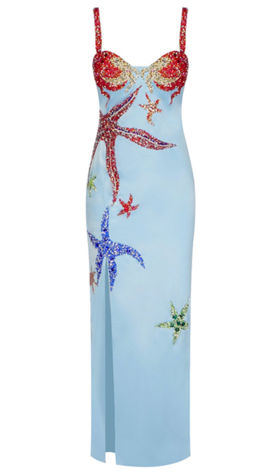 ABITO LUNGO BUSTIER CON DETTAGLIO STELLA MARINA E CRISTALLI BLU