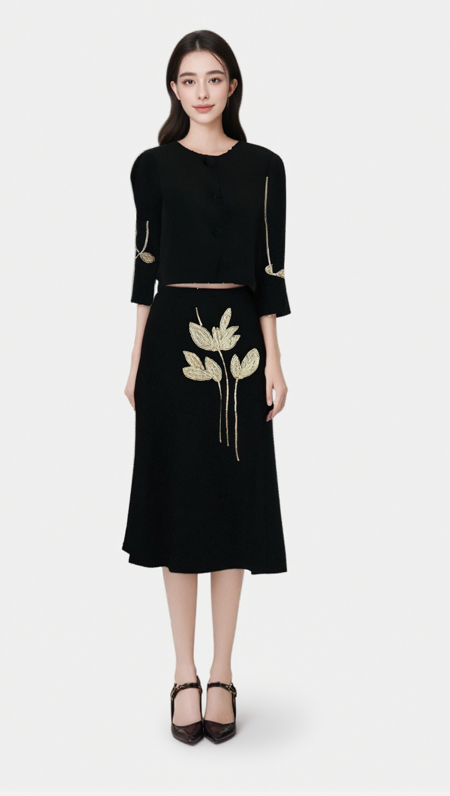 PAULINE BLACK FLORAL-APPLIQUÉ JACKET & SKIRT MATCHING SET