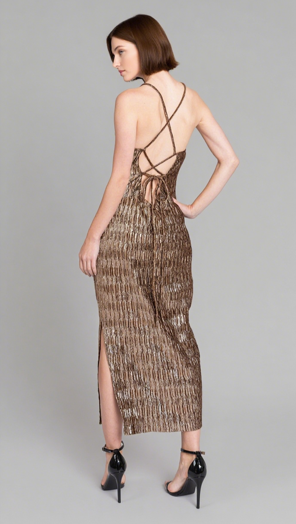 AIIZIE GOLD CRISS CROSS BACK MIDI DRESS - product image
