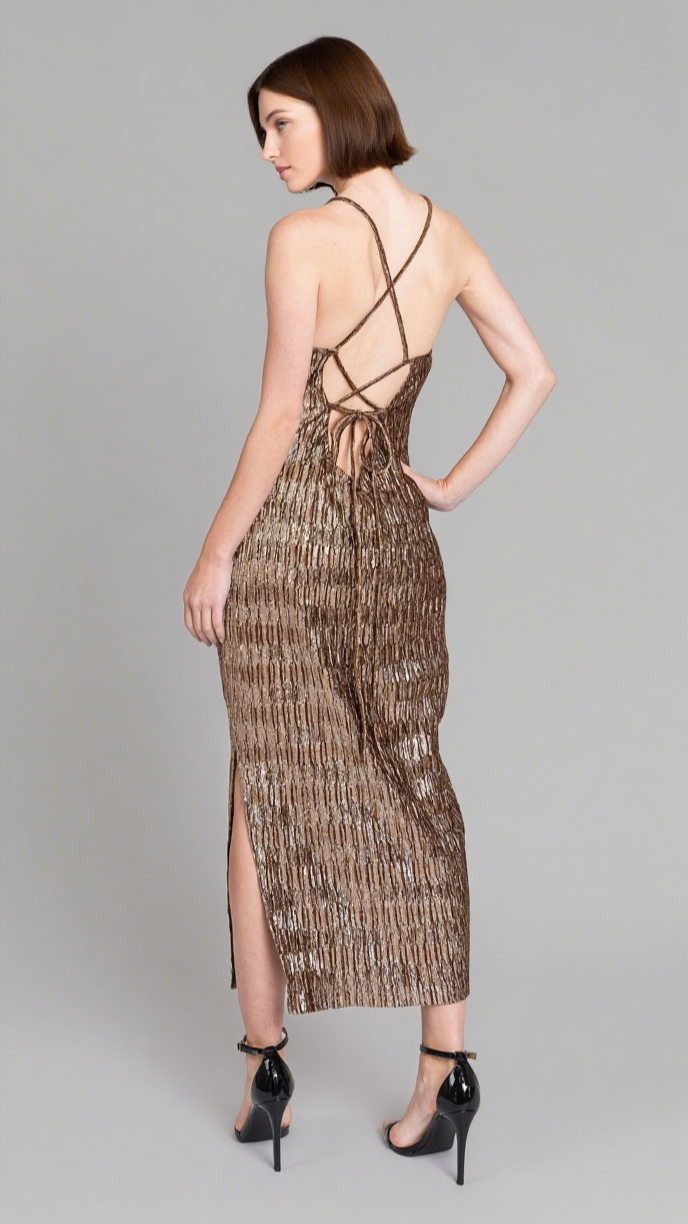 GOLD CRISS CROSS BACK MIDI DRESS
