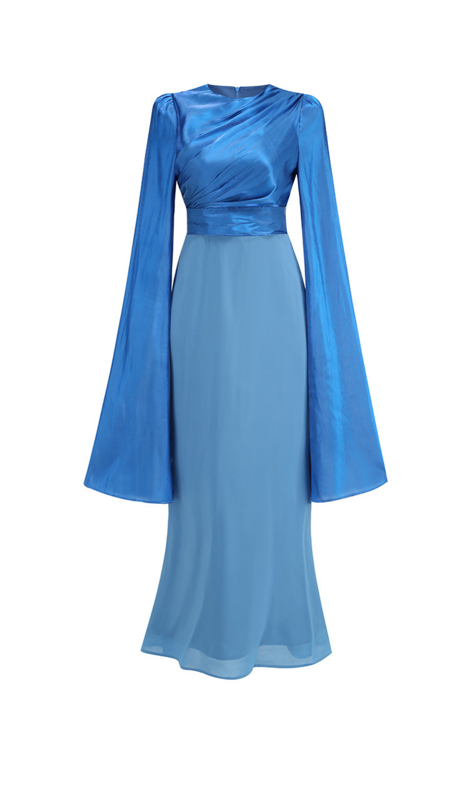 MARCIA – Figurbetontes Maxikleid mit Trompetenärmeln und Schlitzen in Blau