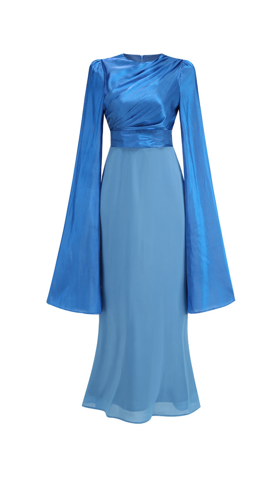 MARCIA – Figurbetontes Maxikleid mit Trompetenärmeln und Schlitzen in Blau