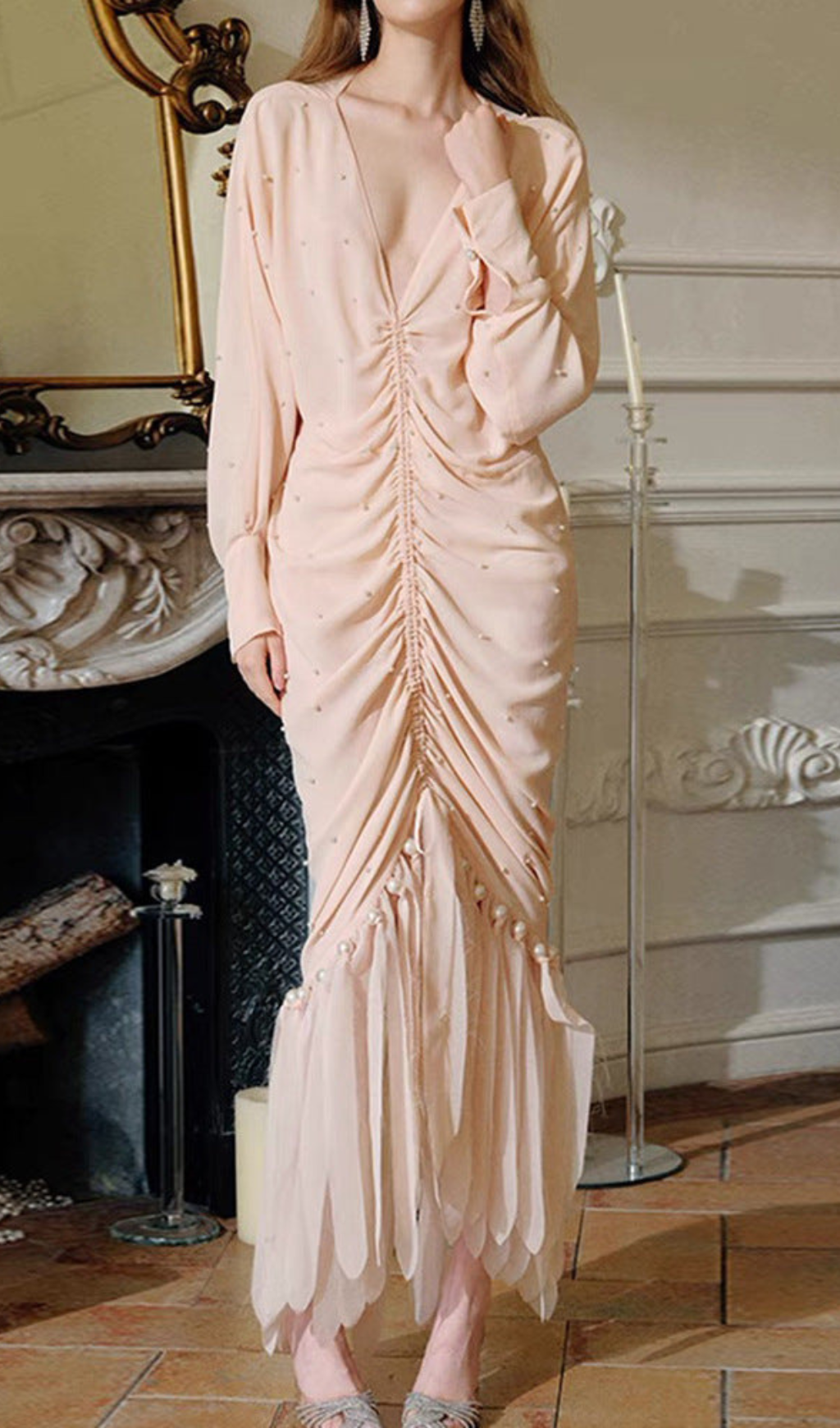 PEARL EMBELLISHED RUCHED APRICOT MAXI DRESS