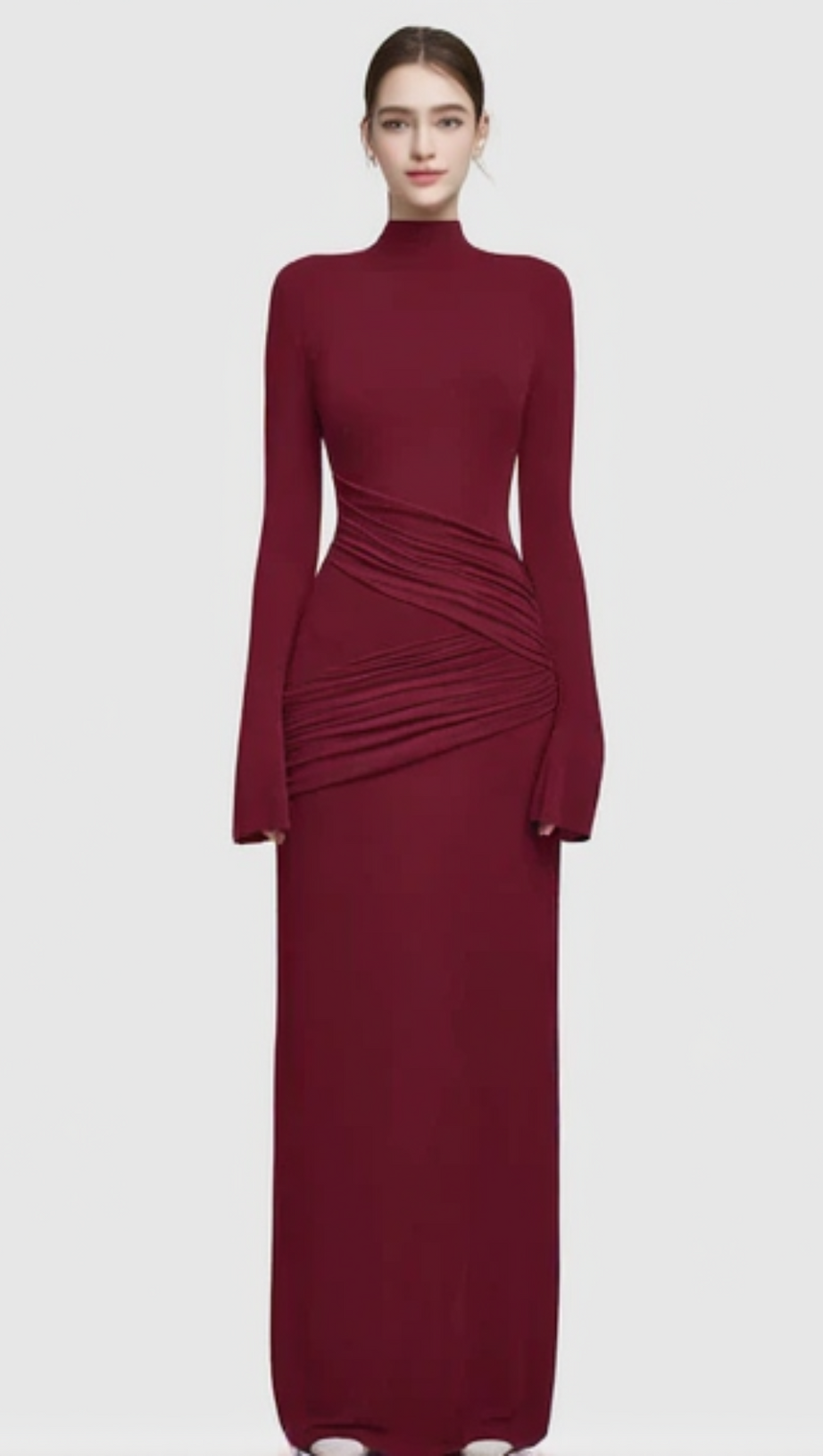 HALF TURTLENECK PLEATED BODYCON MAXI DRESS