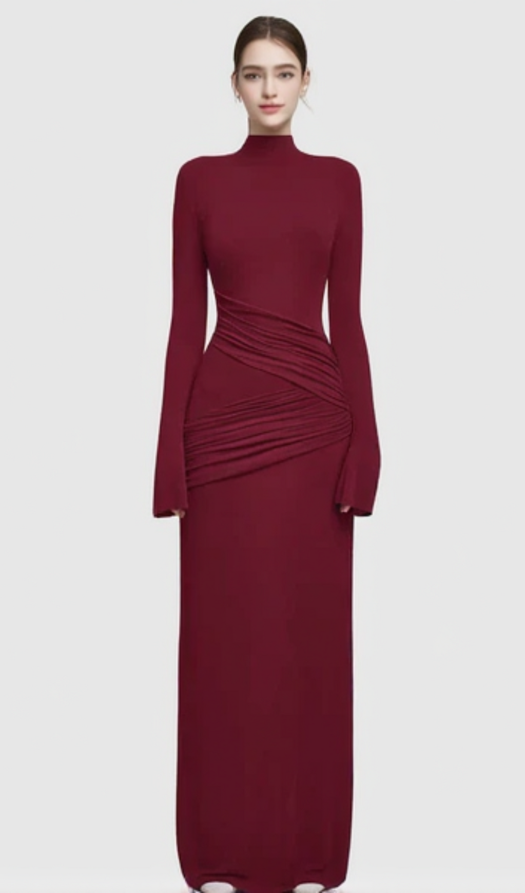 HALF TURTLENECK PLEATED BODYCON MAXI DRESS