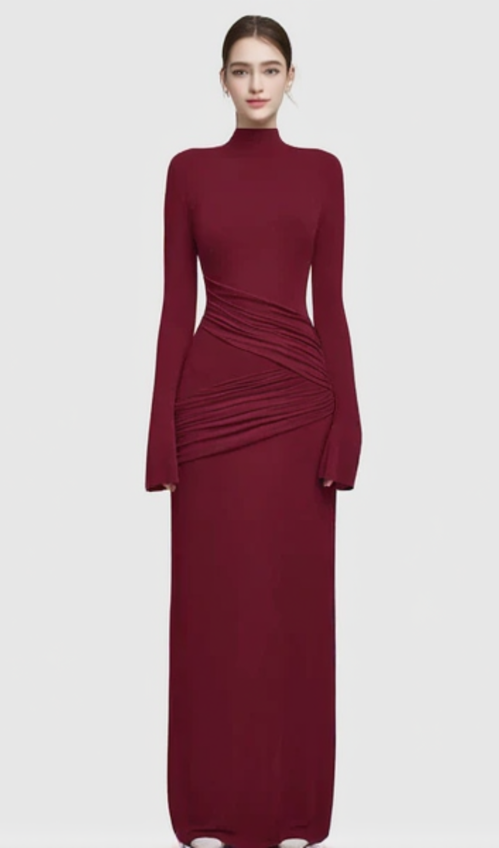 HALF TURTLENECK PLEATED BODYCON MAXI DRESS