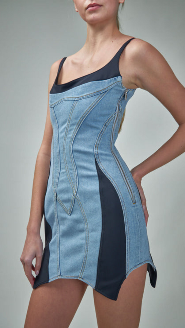 AIIZIE DENIM JERSEY BODYCON MINI DRESS IN BLUE - product image