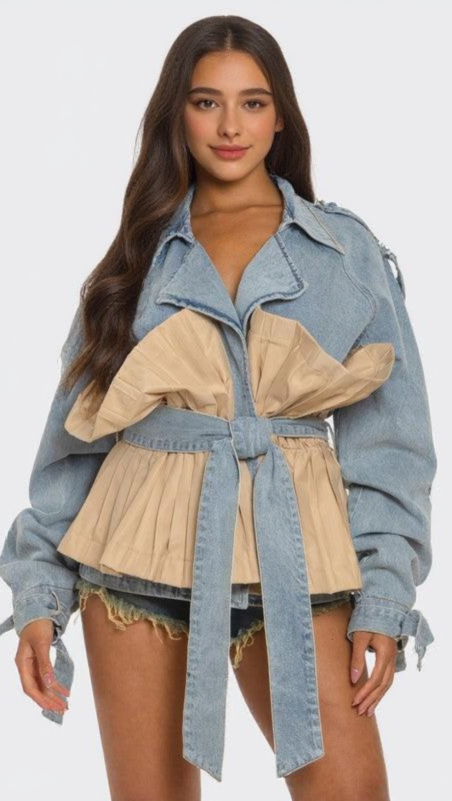 Denim-Tunikamantel mit Patchwork-Rüschen