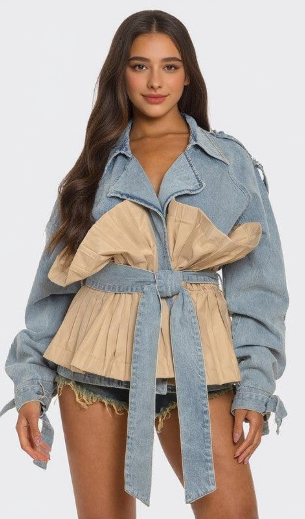 Denim-Tunikamantel mit Patchwork-Rüschen