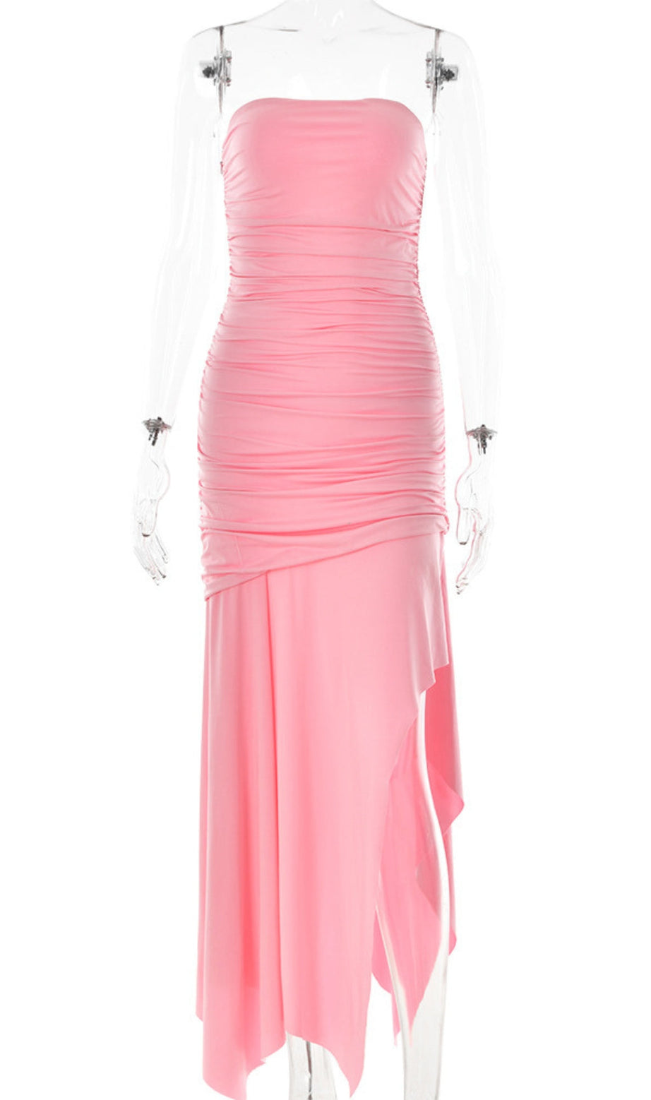 STRAPLESS RUCHED FISHTAIL SLIT DRESS